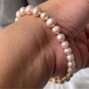 Cream Soft Pink Peachy Tones Freshwater Pearls Single Strand Bracelet 17.5 cm